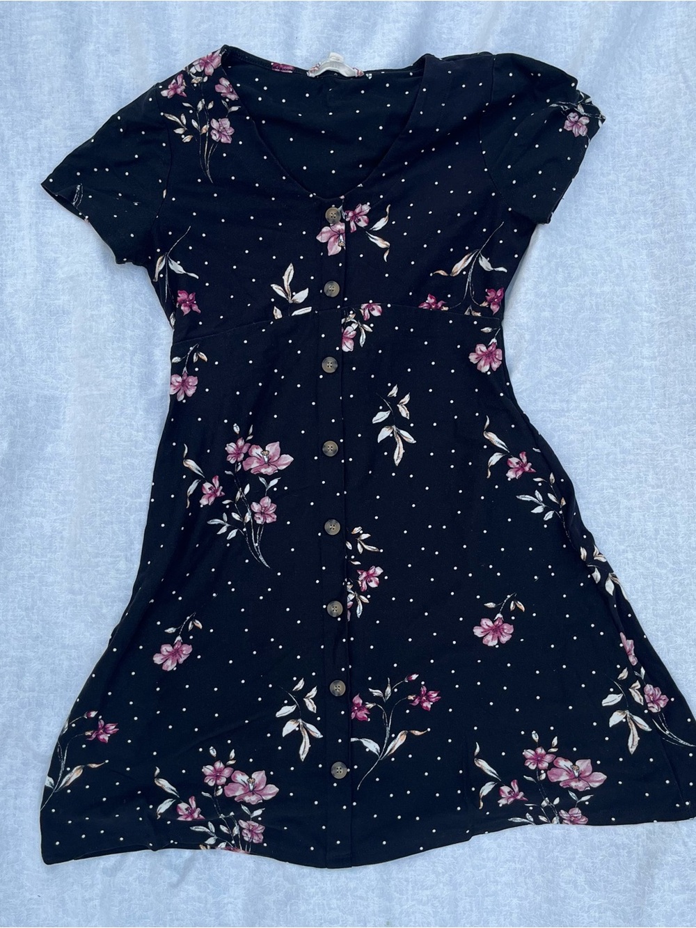 Black Floral Button-Front Mini Dress with Pink Flowers